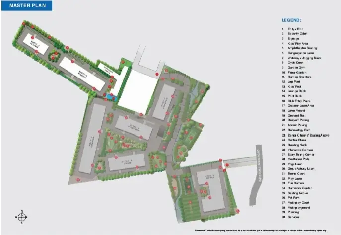 Master plan of Adarsh Tropica, displaying the layout of residential towers, amenities, and green spaces.